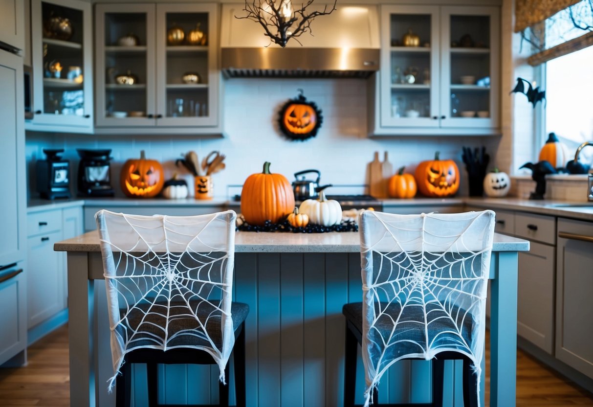 A kitchen with cobweb chair covers, spooky Halloween decorations, and a festive atmosphere