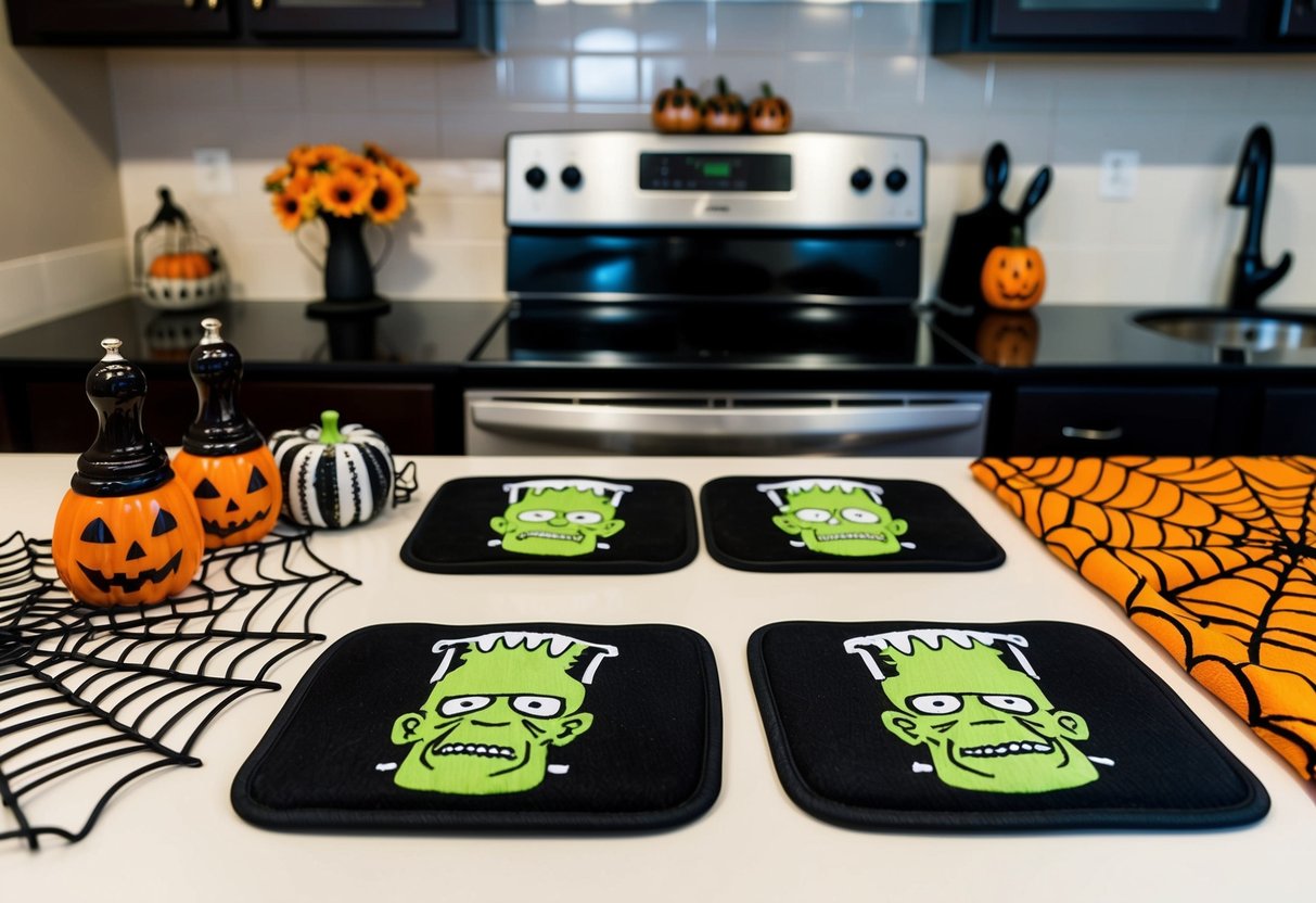 A kitchen scene with Frankenstein's monster hot pads displayed on a countertop. Other Halloween-themed decor such as spiderweb tablecloths and pumpkin-shaped salt and pepper shakers are also present