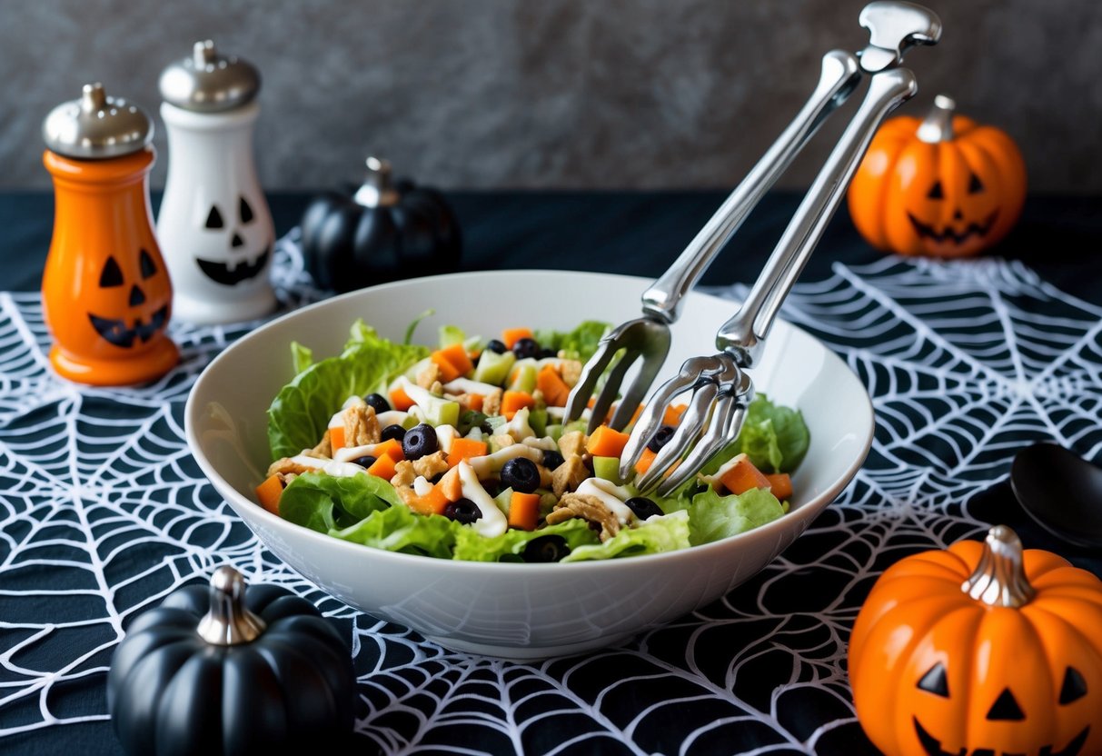 A pair of skeleton hand salad tongs reaching out from a bowl of spooky Halloween-themed salad, surrounded by other kitchen decor like spiderweb tablecloths and pumpkin-shaped salt and pepper shakers