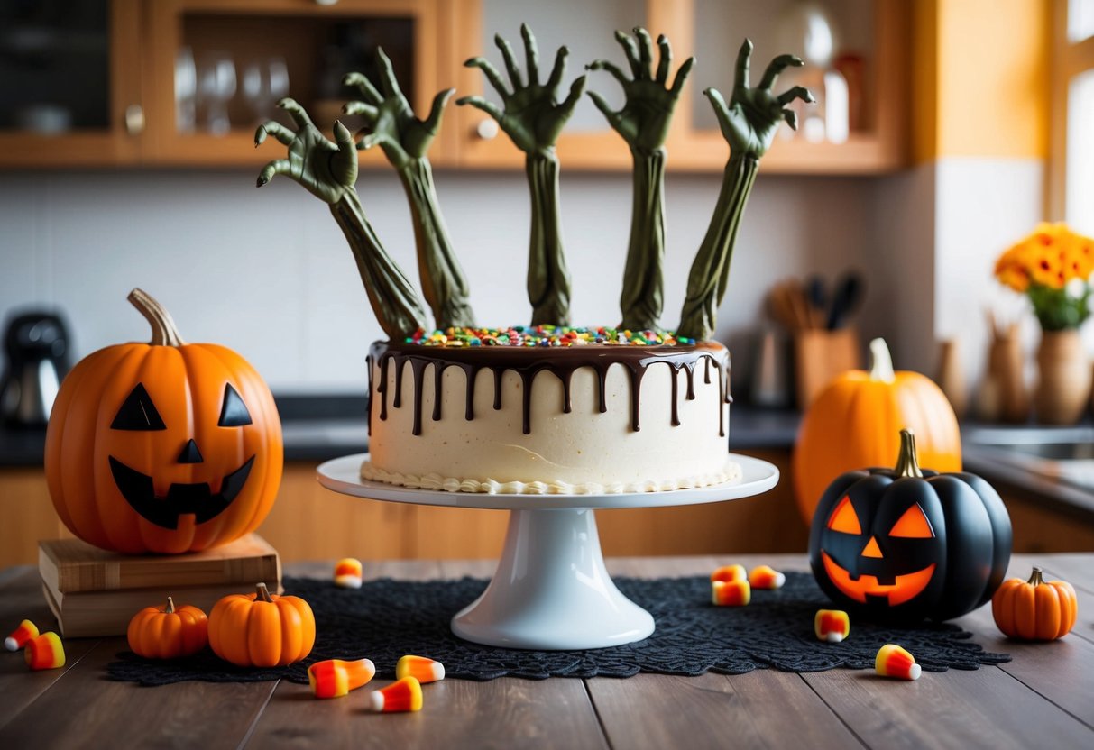 A festive cake stand with zombie hands reaching up, surrounded by Halloween-themed kitchen decor