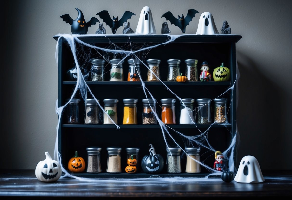 A dark, cobweb-covered spice rack adorned with eerie Halloween decorations, including spooky figurines, bats, and ghostly ornaments