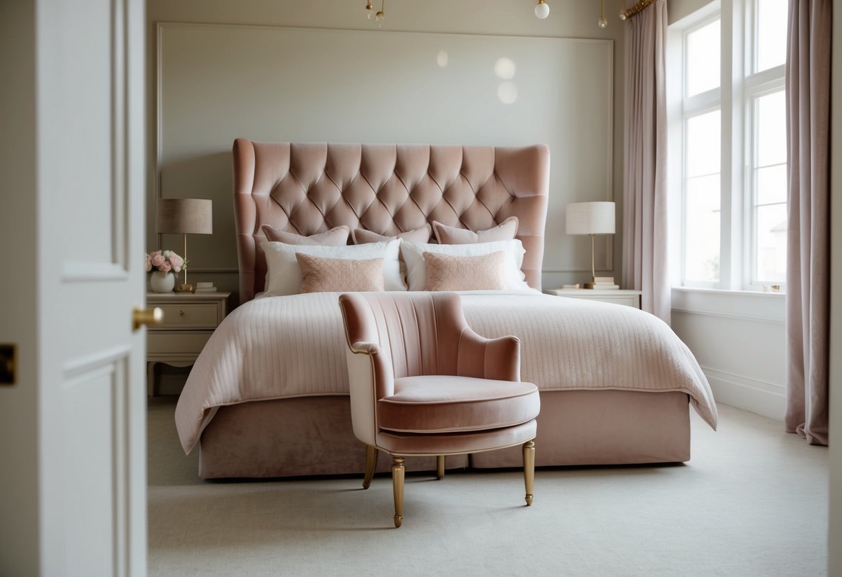 A cozy bedroom with a plush, velvet upholstered headboard and matching chair. Soft, pastel colors and luxurious textures create a comfortable and inviting space