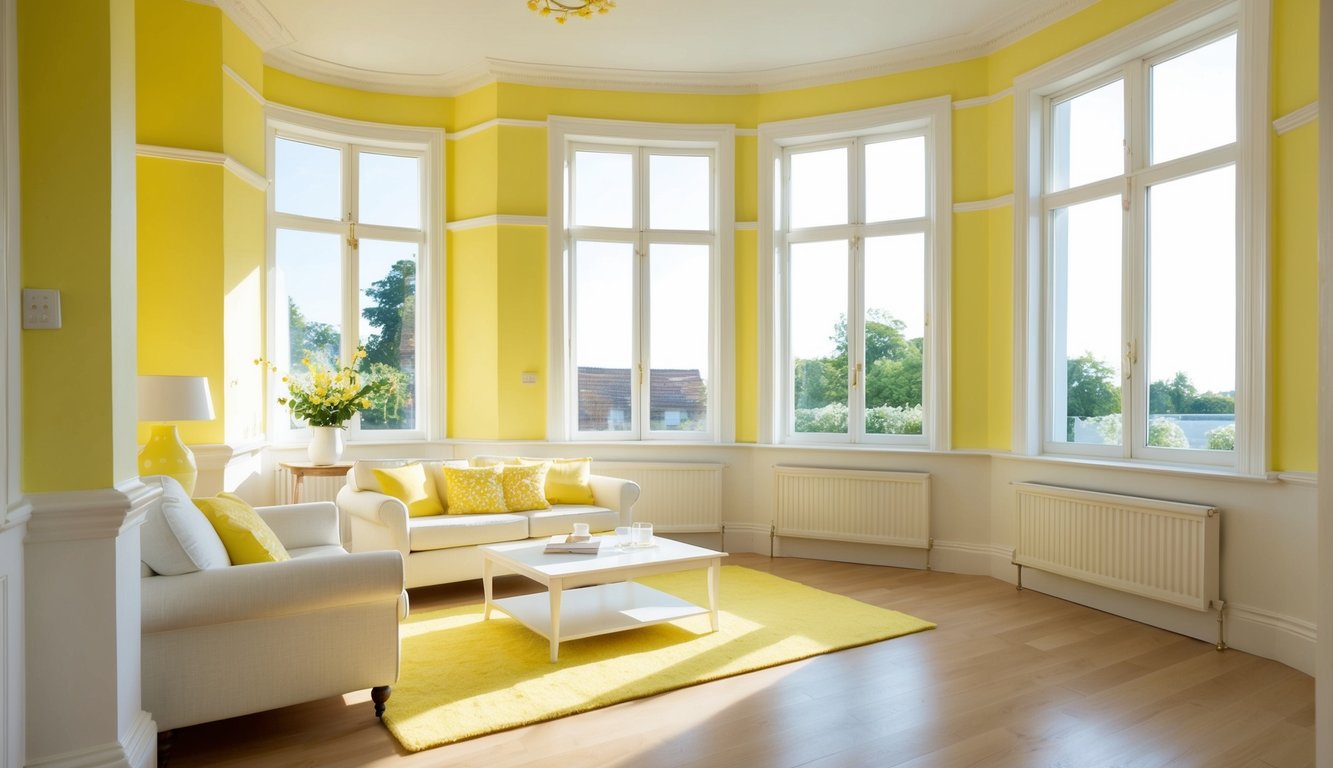 A bright, sunny room with Lemon Sorbet walls, accented with white trim and furnishings. Light pours in through large windows, casting a warm glow on the buttery yellow paint