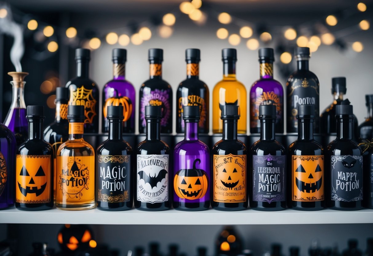 A shelf filled with various magic potion bottles, each one uniquely decorated with spooky Halloween-themed designs