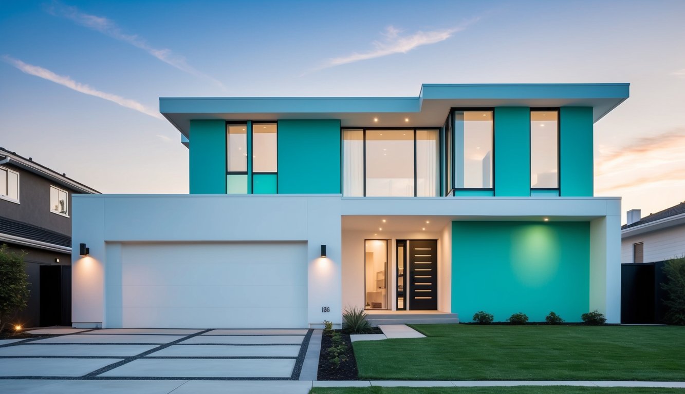 A sleek, modern house with a minimalist design, featuring a clean and crisp exterior painted in the 10 best modern mint colors