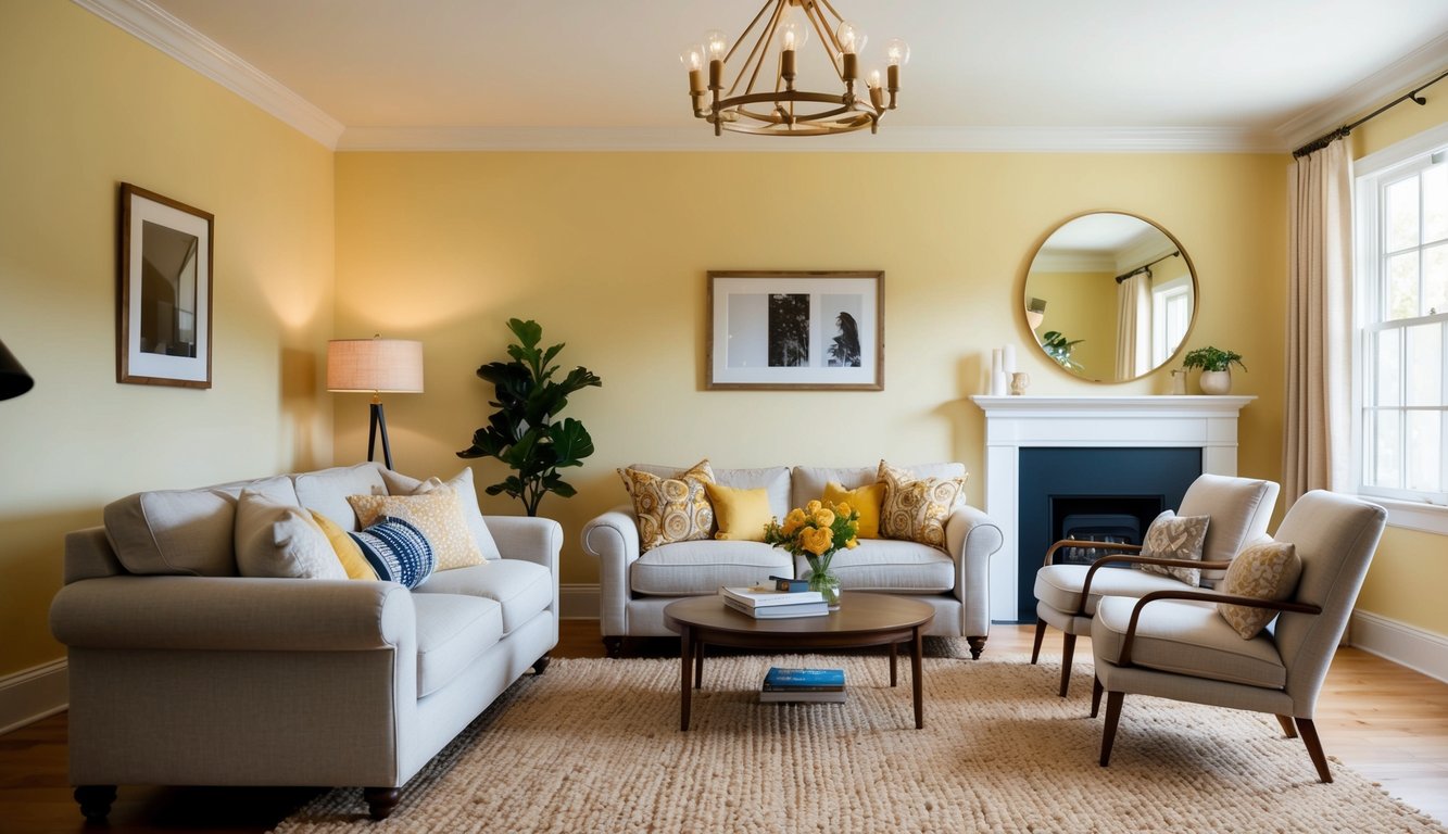 A cozy living room with Pale Hound 8 butter yellow walls, warm natural light, and stylish furniture