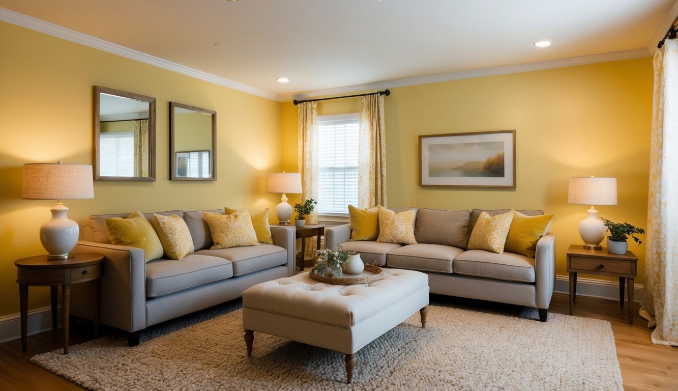 A cozy living room with Butter Up 8 Best Butter Yellow paint on the walls, complemented by warm-toned furniture and soft lighting