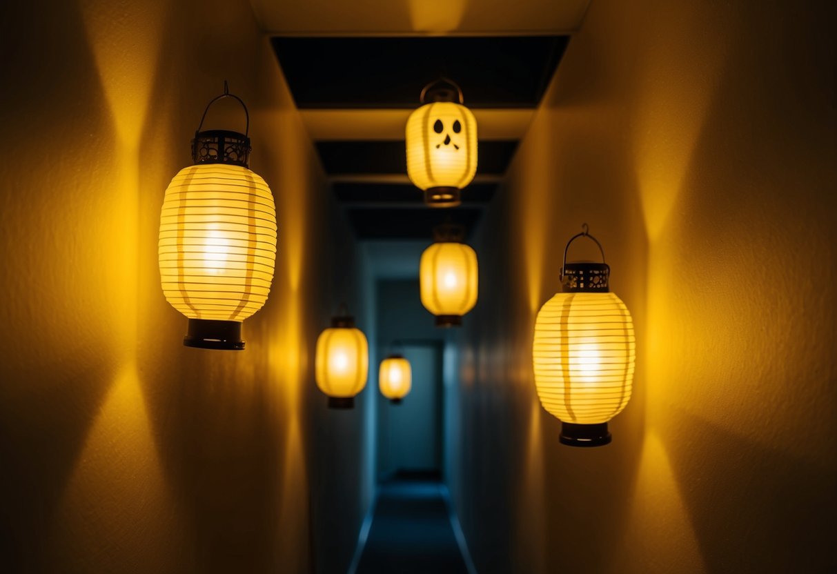 Glowing ghost lanterns float down a dimly lit hallway, casting eerie shadows on the walls