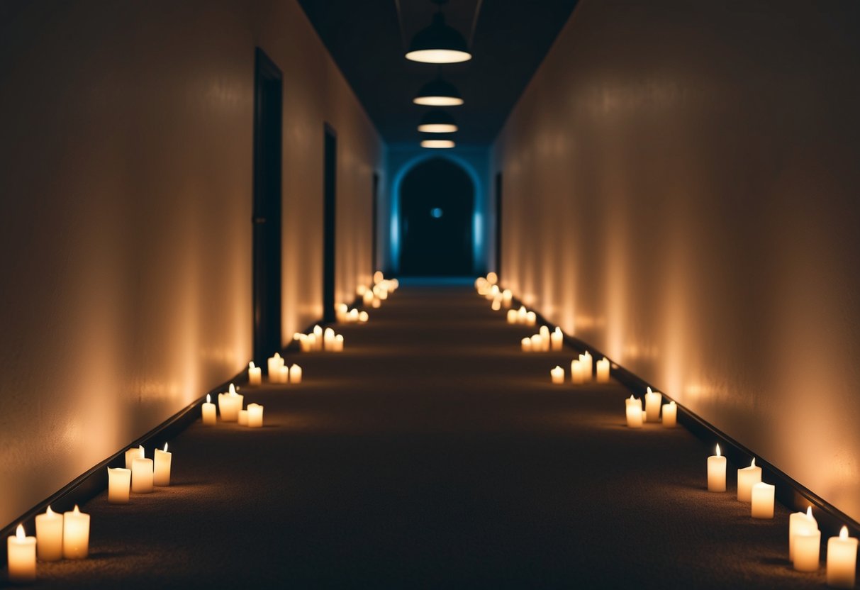 A dimly lit hallway with flickering LED candles lining the walls, casting an eerie glow and creating a spooky atmosphere for Halloween