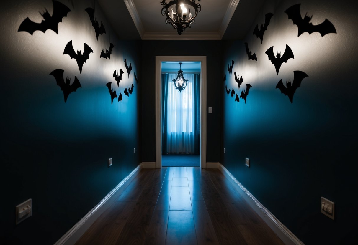 A dark hallway adorned with spooky bat wall clings, casting eerie shadows in the dim light