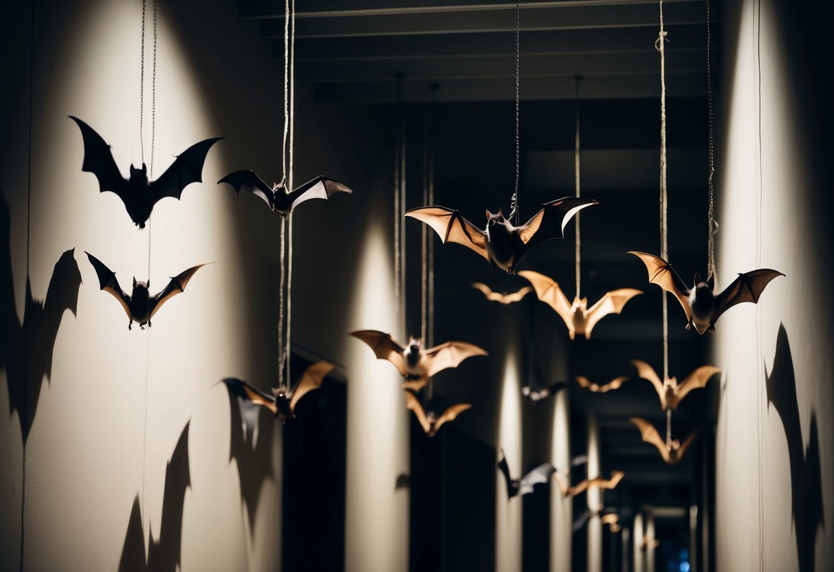 A dimly lit hallway adorned with 20 hanging bats of varying sizes and shapes. The bats are suspended from the ceiling at different heights, casting eerie shadows on the walls