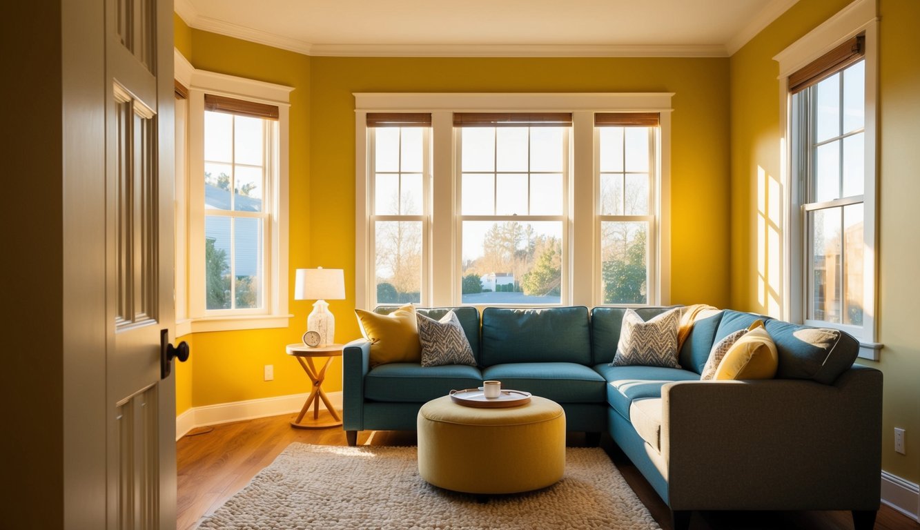 A cozy living room with warm sunlight streaming in through the windows, casting a soft glow on the walls painted in Benjamin Moore Hawthorne Yellow