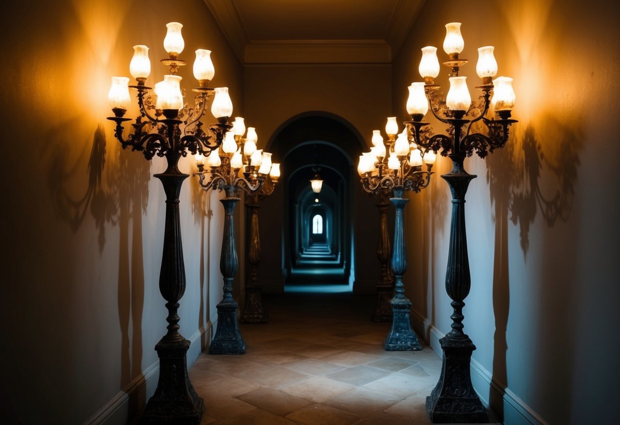 An eerie hallway adorned with antique candelabras casting flickering shadows, creating a spooky atmosphere for Halloween