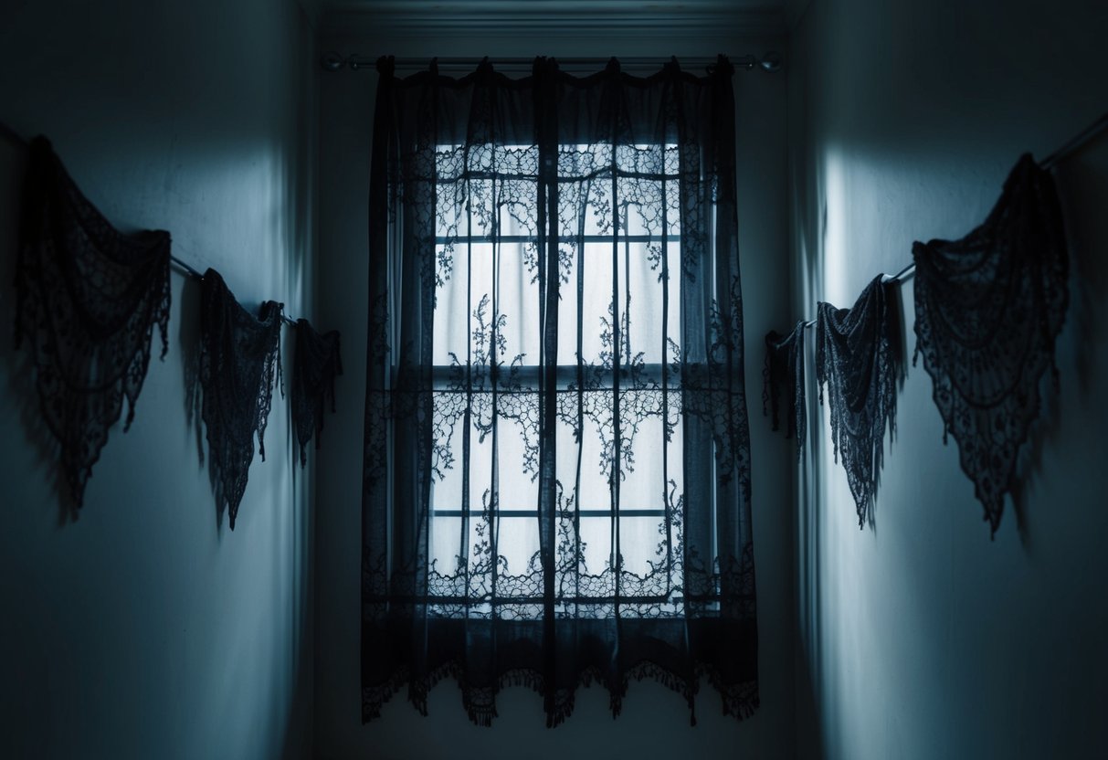 A black lace curtain hangs in a dimly lit hallway, casting eerie shadows. Spooky decorations line the walls, creating a haunting Halloween atmosphere