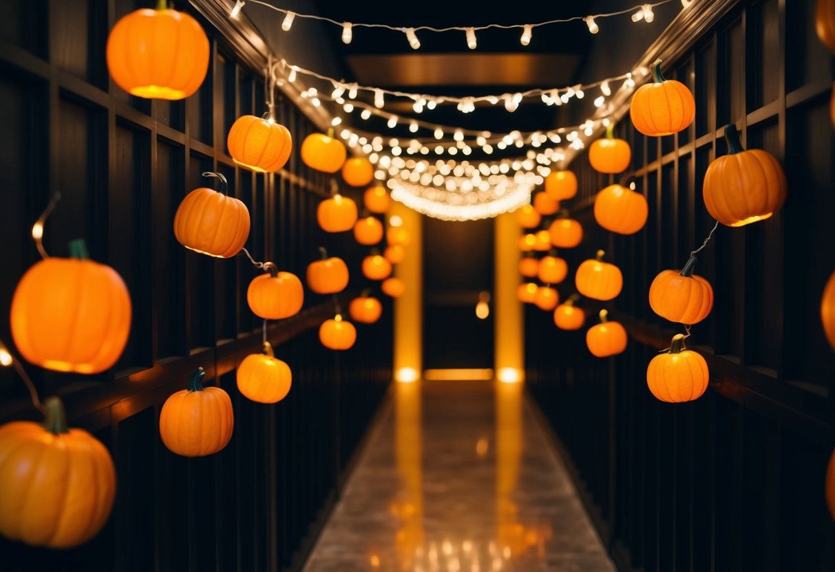 A dimly lit hallway adorned with pumpkin string lights, casting a warm and festive glow, creating a spooky yet inviting atmosphere