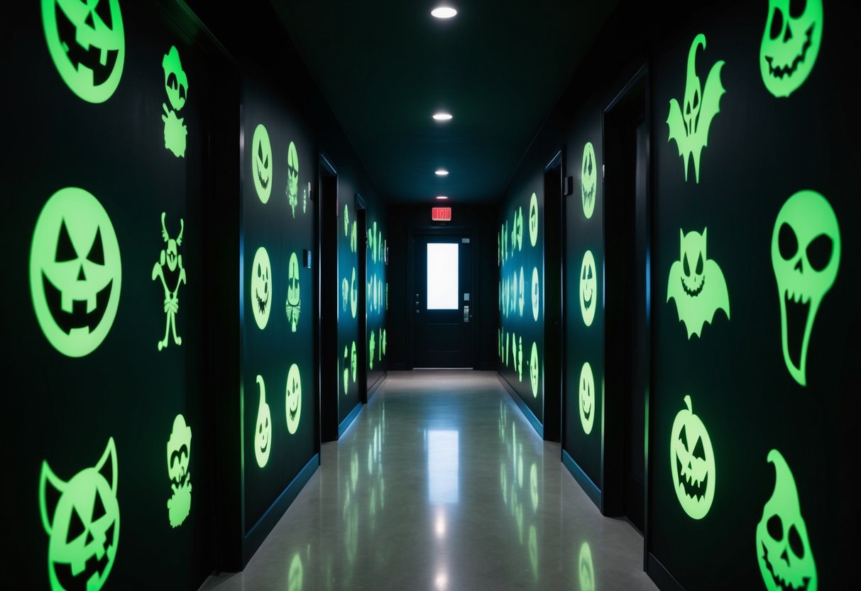 A dimly lit hallway adorned with glow-in-the-dark decals of spooky Halloween imagery, casting an eerie and enchanting glow throughout the space