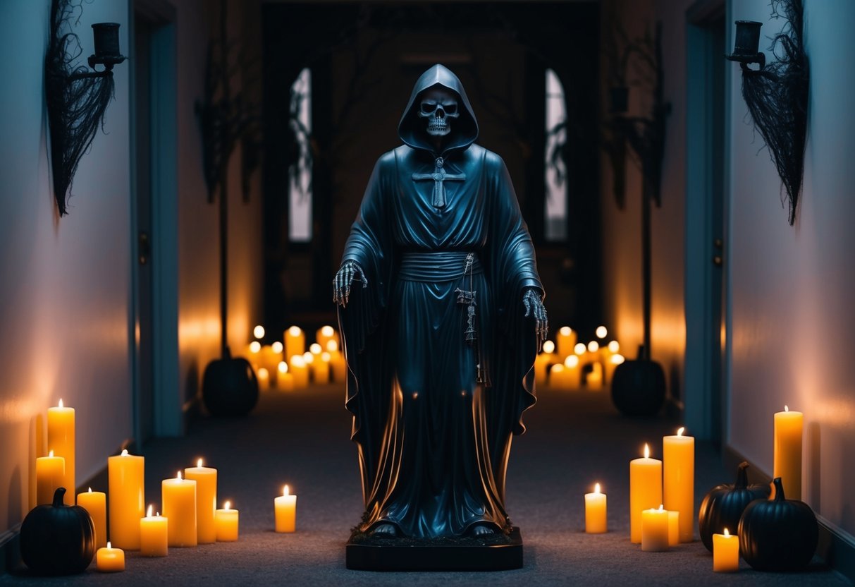 A life-sized Grim Reaper statue stands in a dimly lit hallway, surrounded by eerie Halloween decorations. The flickering of candles casts ominous shadows, creating a spooky and haunting atmosphere