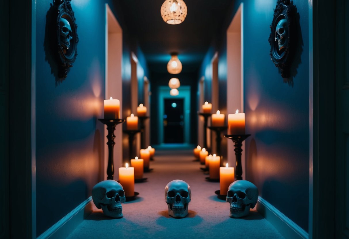 A dimly lit hallway adorned with skull candle holders and eerie Halloween decorations