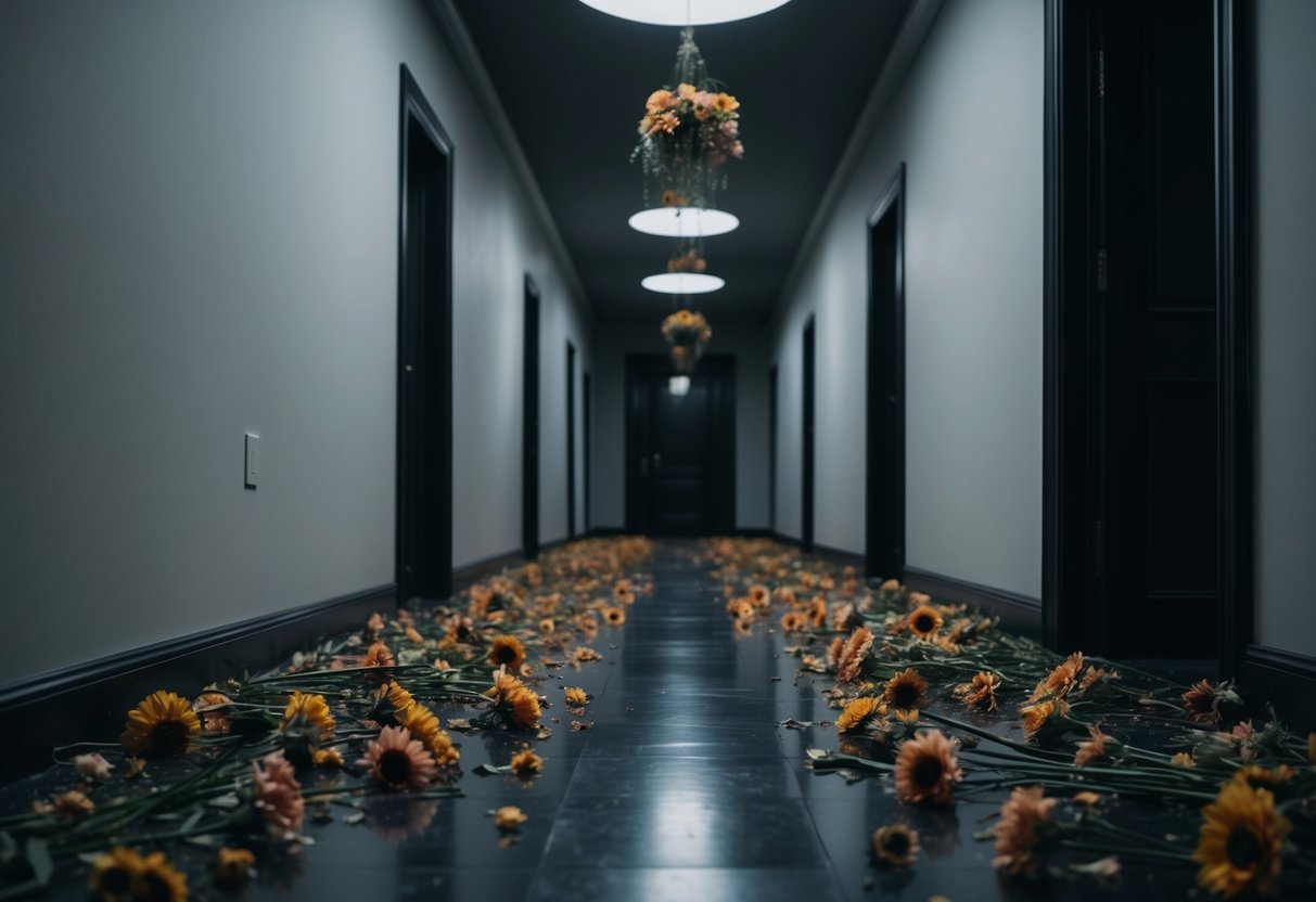 A dimly lit hallway with decaying flowers scattered along the floor and hanging from the ceiling, creating a spooky and eerie atmosphere