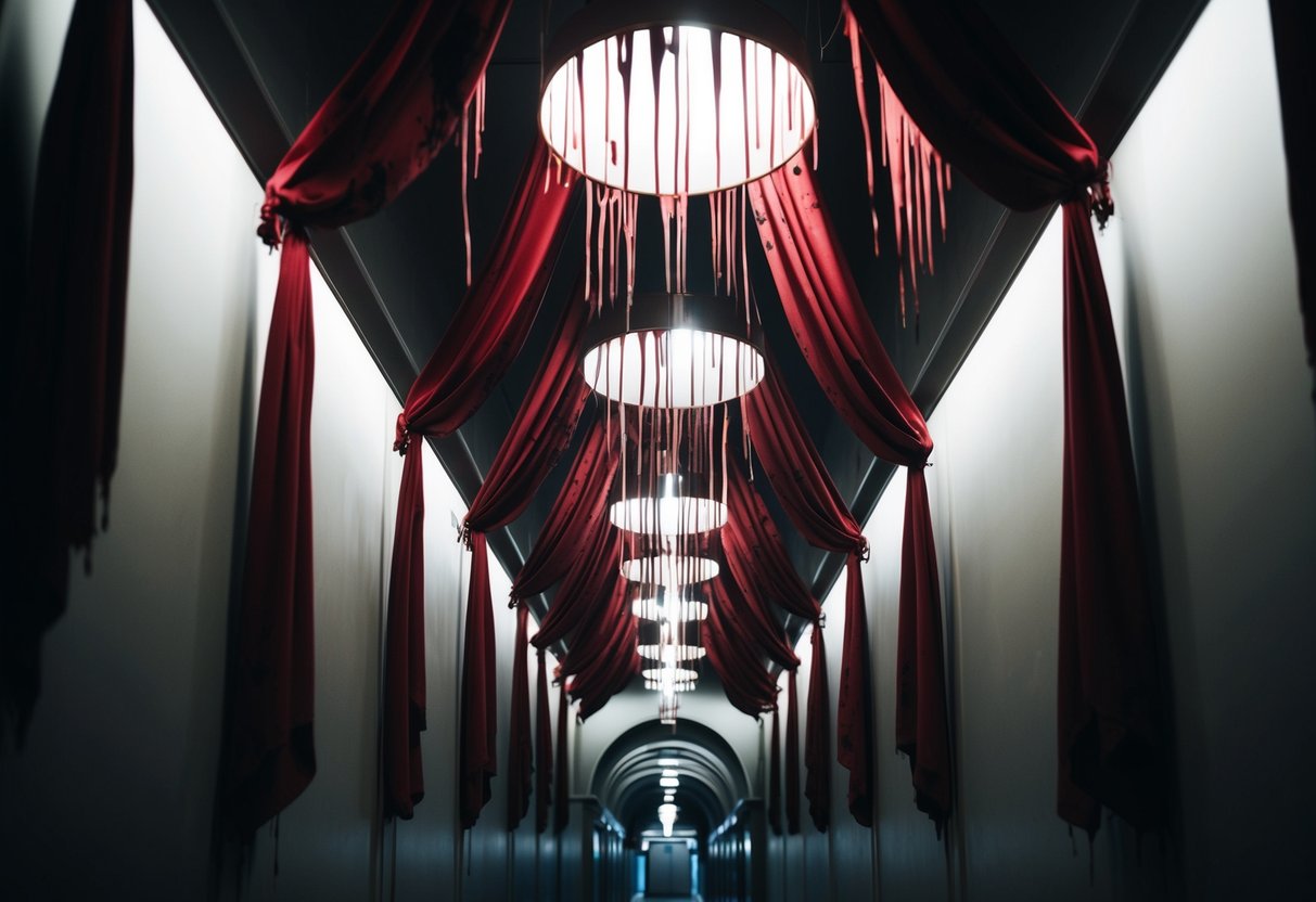 Blood-stained drapes hang from the ceiling in a dimly lit hallway, creating a spooky and eerie atmosphere perfect for Halloween