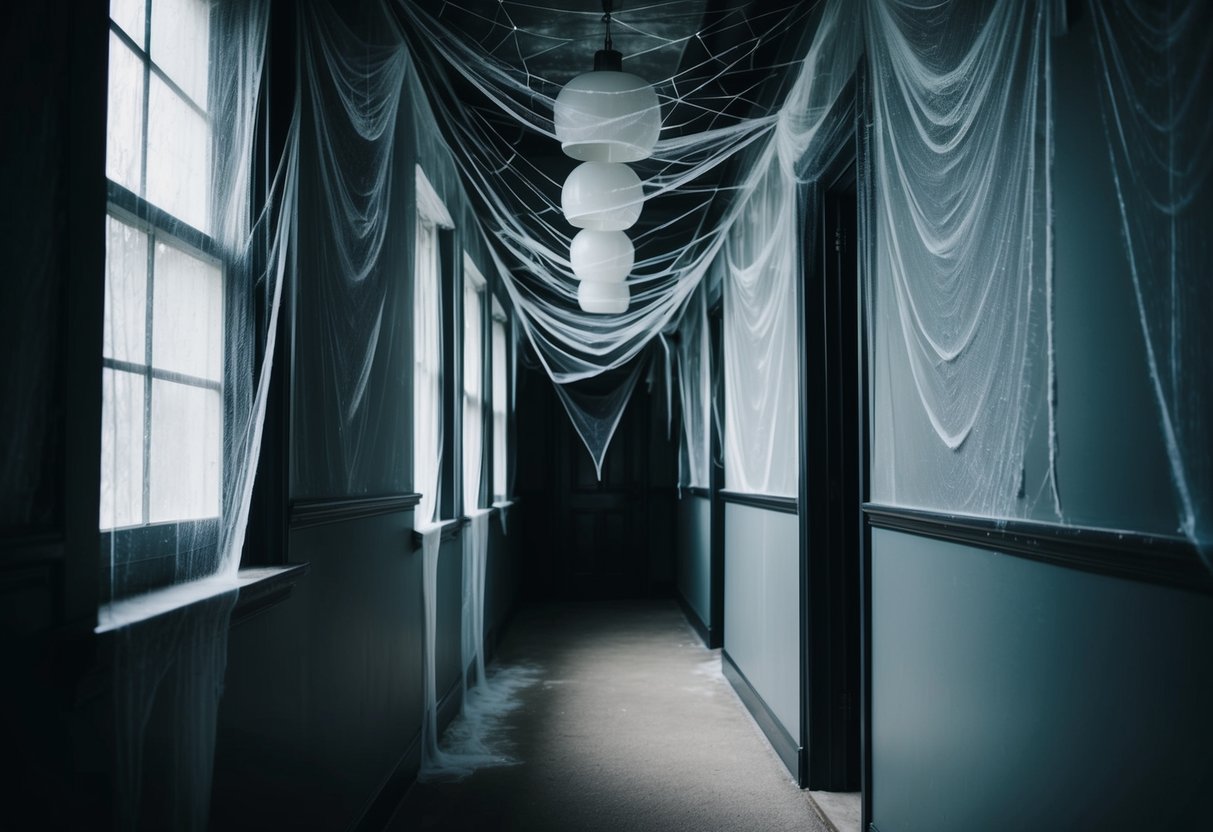 A dimly lit hallway with cobwebs covering the walls and ceiling, creating a creepy and eerie atmosphere