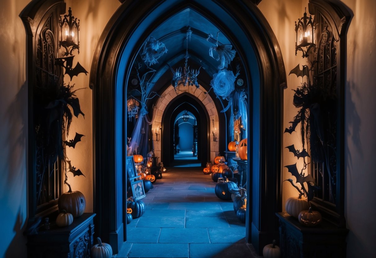 A gothic archway adorned with spooky decorations, leading into a dimly lit Halloween-themed hallway filled with eerie props and haunting ambiance