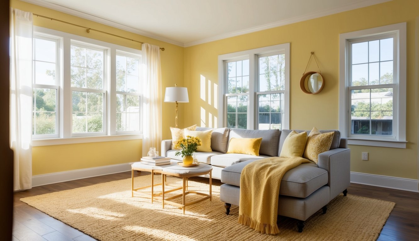 A cozy living room with Behr Softened Yellow 8 on the walls, sunlight streaming through the windows, and butter yellow accents in the decor