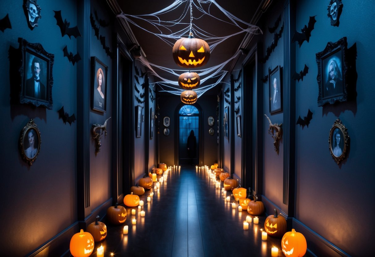 A skeleton door hanger hangs on a wooden door, surrounded by spooky Halloween decorations in a dimly lit hallway