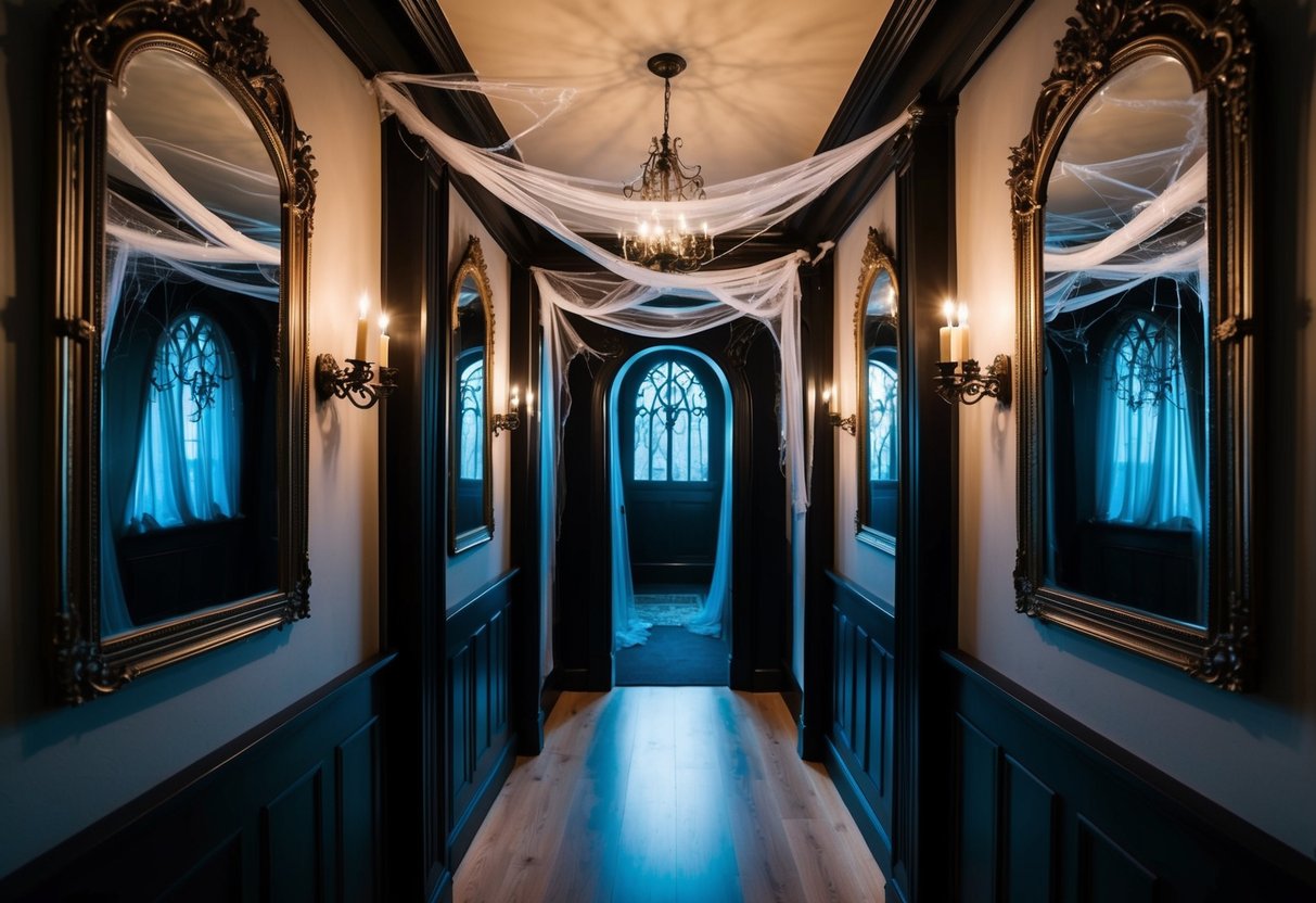 A long, dark hallway adorned with spiderweb decorations, hanging from the ceiling and walls. Eerie orange and purple lights cast a spooky glow over the space