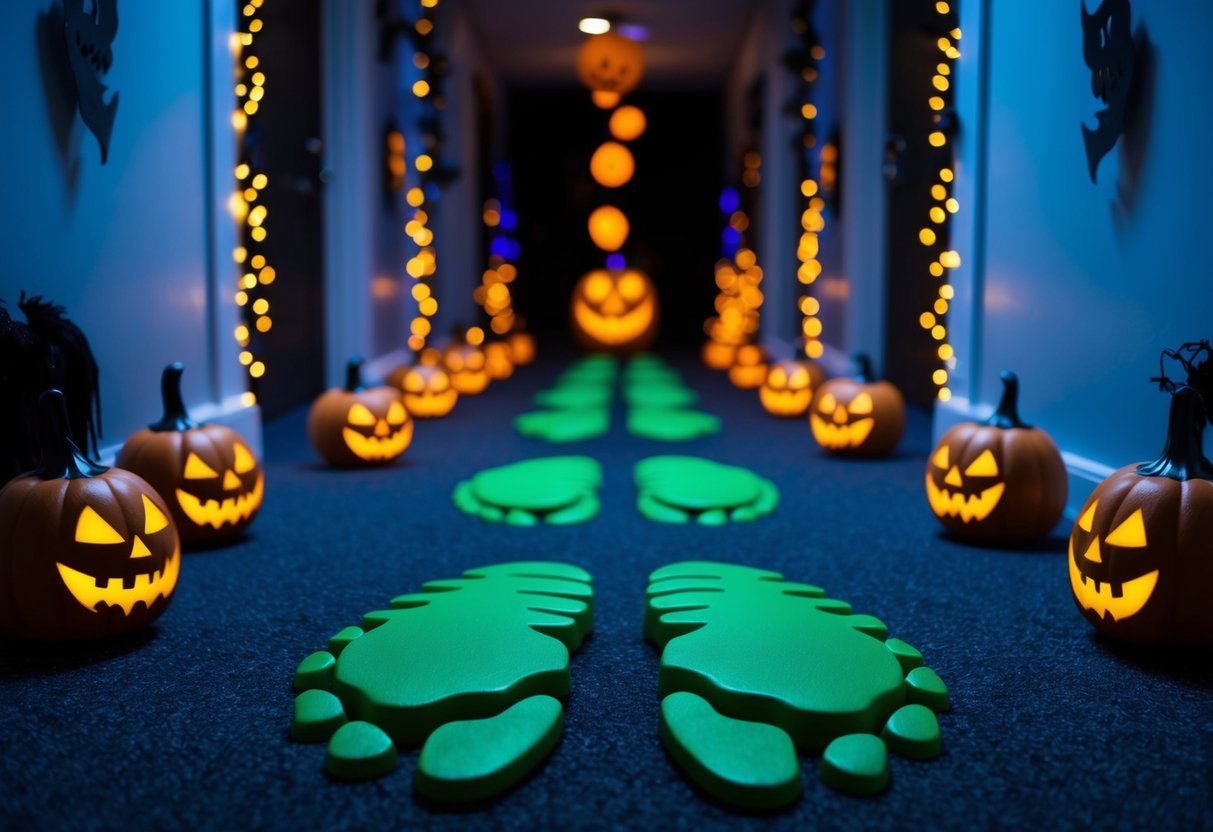 Giant monster footprints lead down a dimly lit hallway, surrounded by spooky Halloween decorations