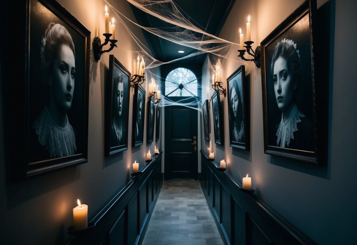 A dimly lit hallway with cobwebs, flickering candles, and eerie portraits lining the walls. Shadows dance as the portraits' eyes seem to follow your every move