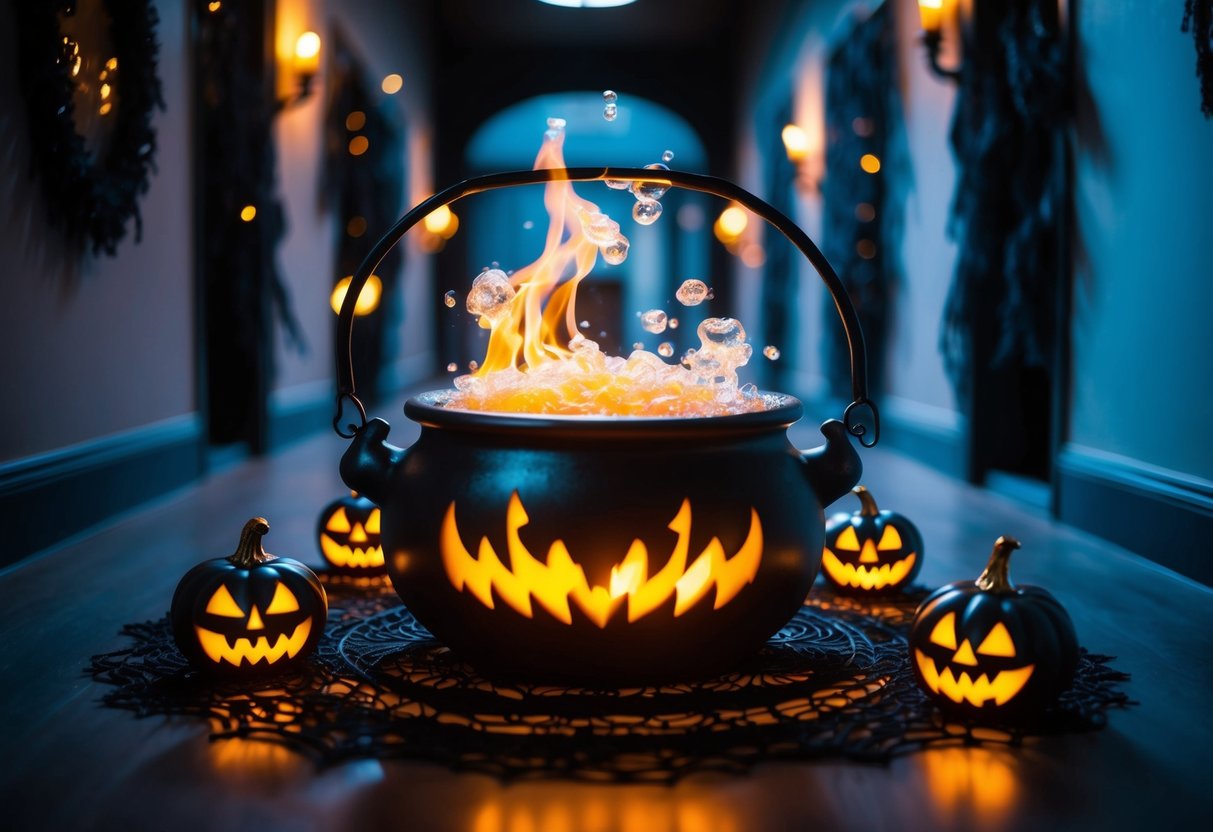 A bubbling witch's cauldron surrounded by spooky decorations in a dimly lit hallway