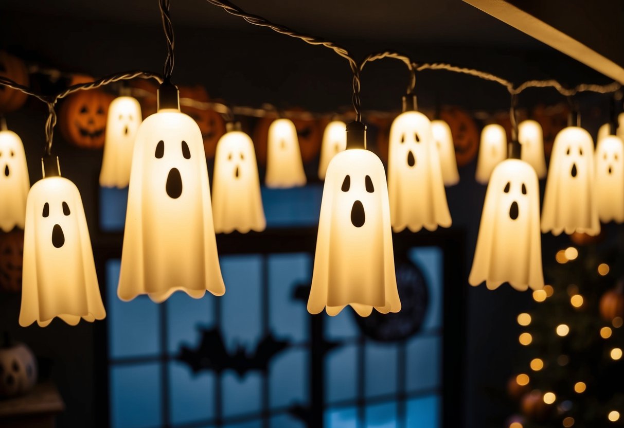 Ghost-shaped LED lights hang from the ceiling, casting a soft and eerie glow over the cozy Halloween-themed decor