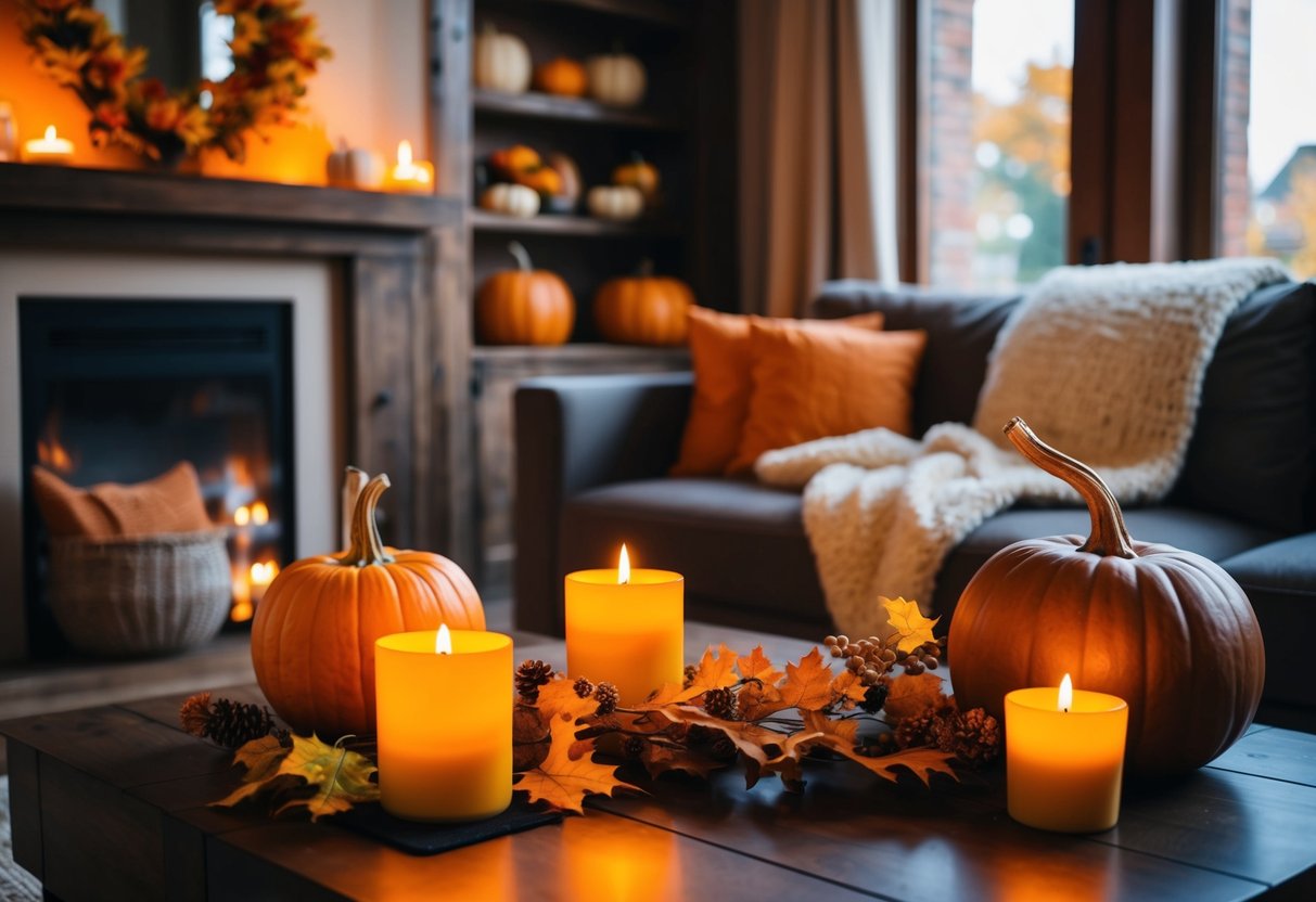 A cozy living room with a warm glow from pumpkin spice scented candles. Halloween decor accents like pumpkins, cozy blankets, and autumn foliage complete the aesthetic