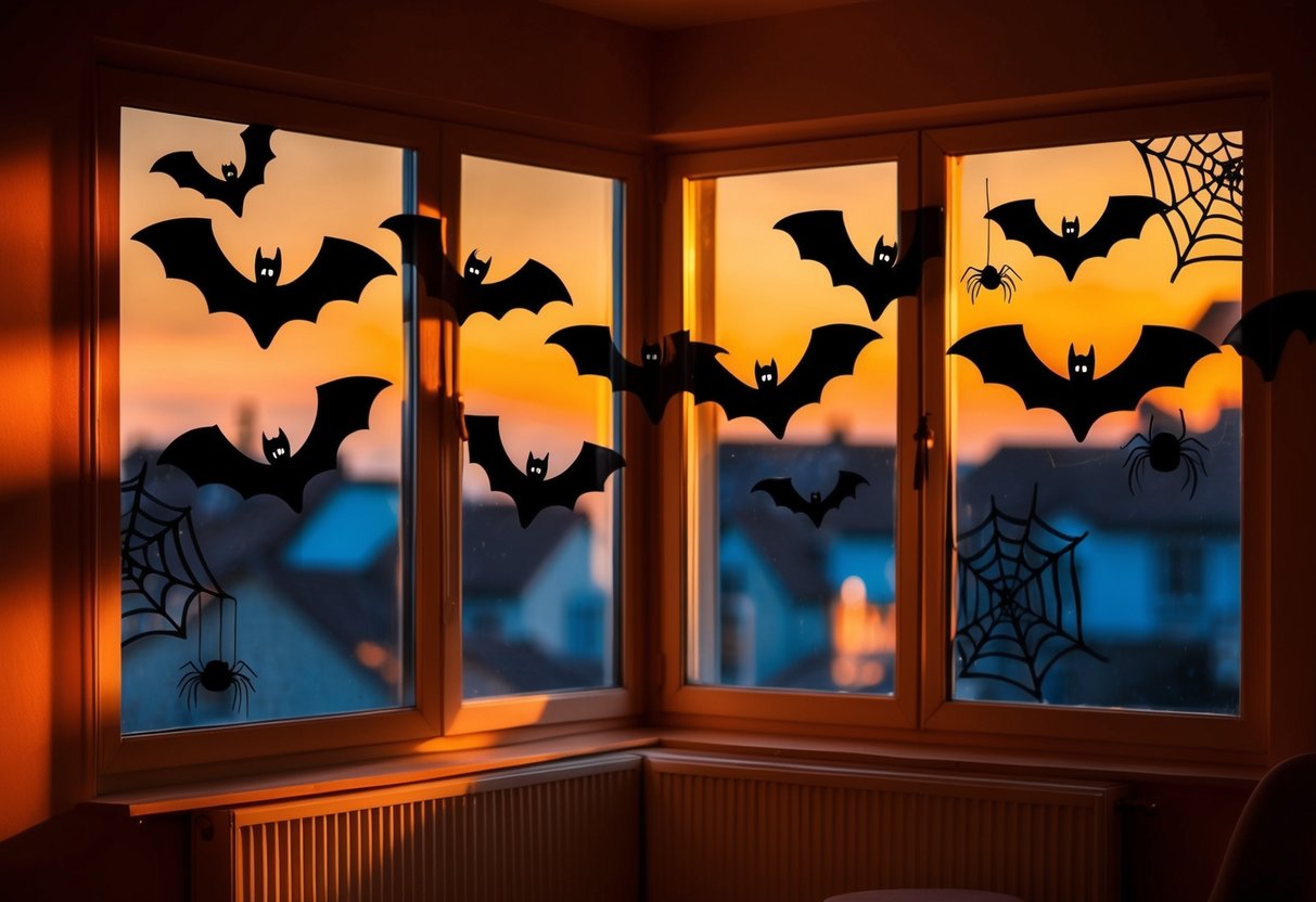 A dimly lit room with warm, orange-toned decor. Eerie window clings of bats and spiders cast shadows against the walls