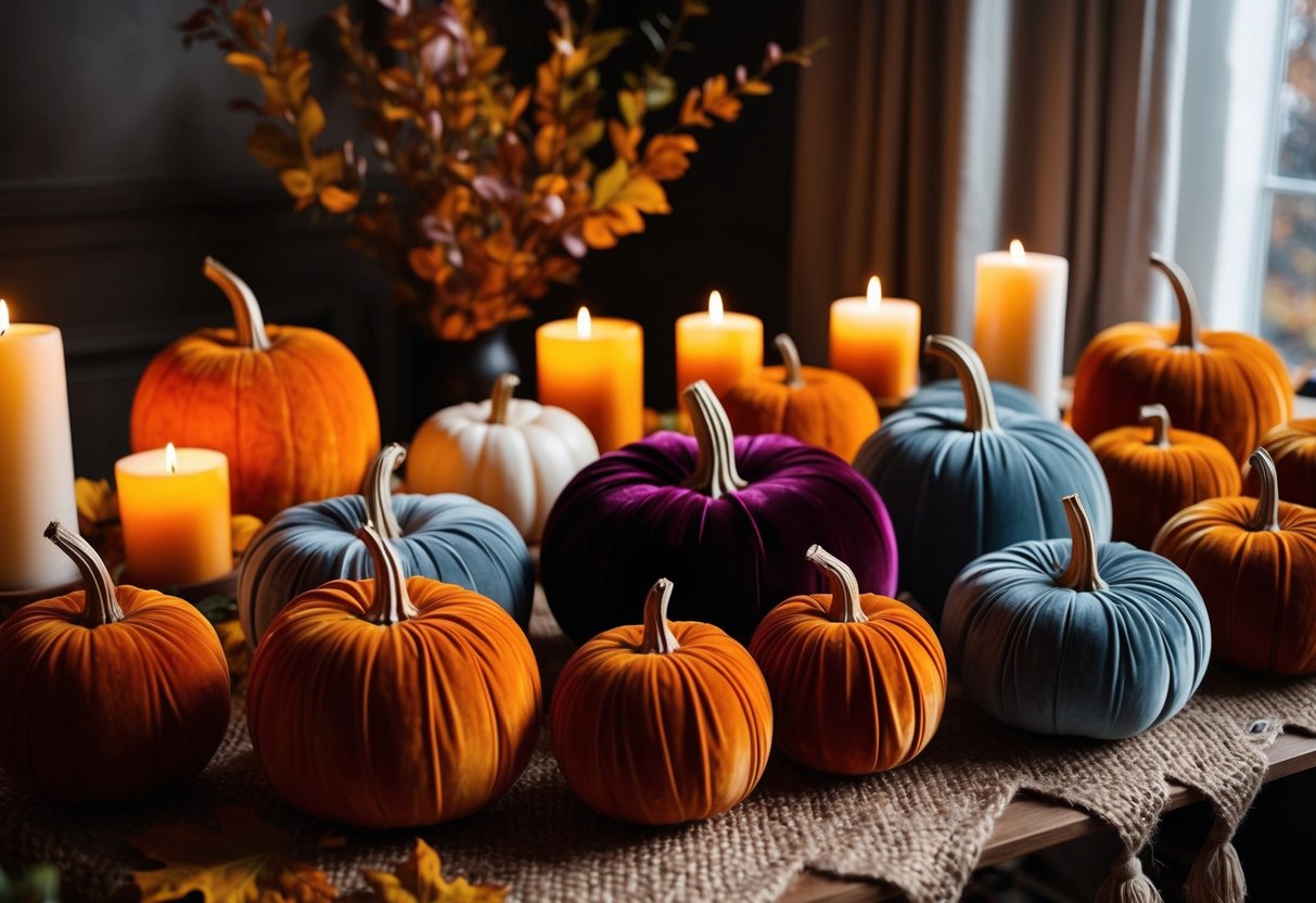 A cozy Halloween scene with 20 velvet pumpkins arranged on a table, surrounded by warm candlelight and autumn foliage