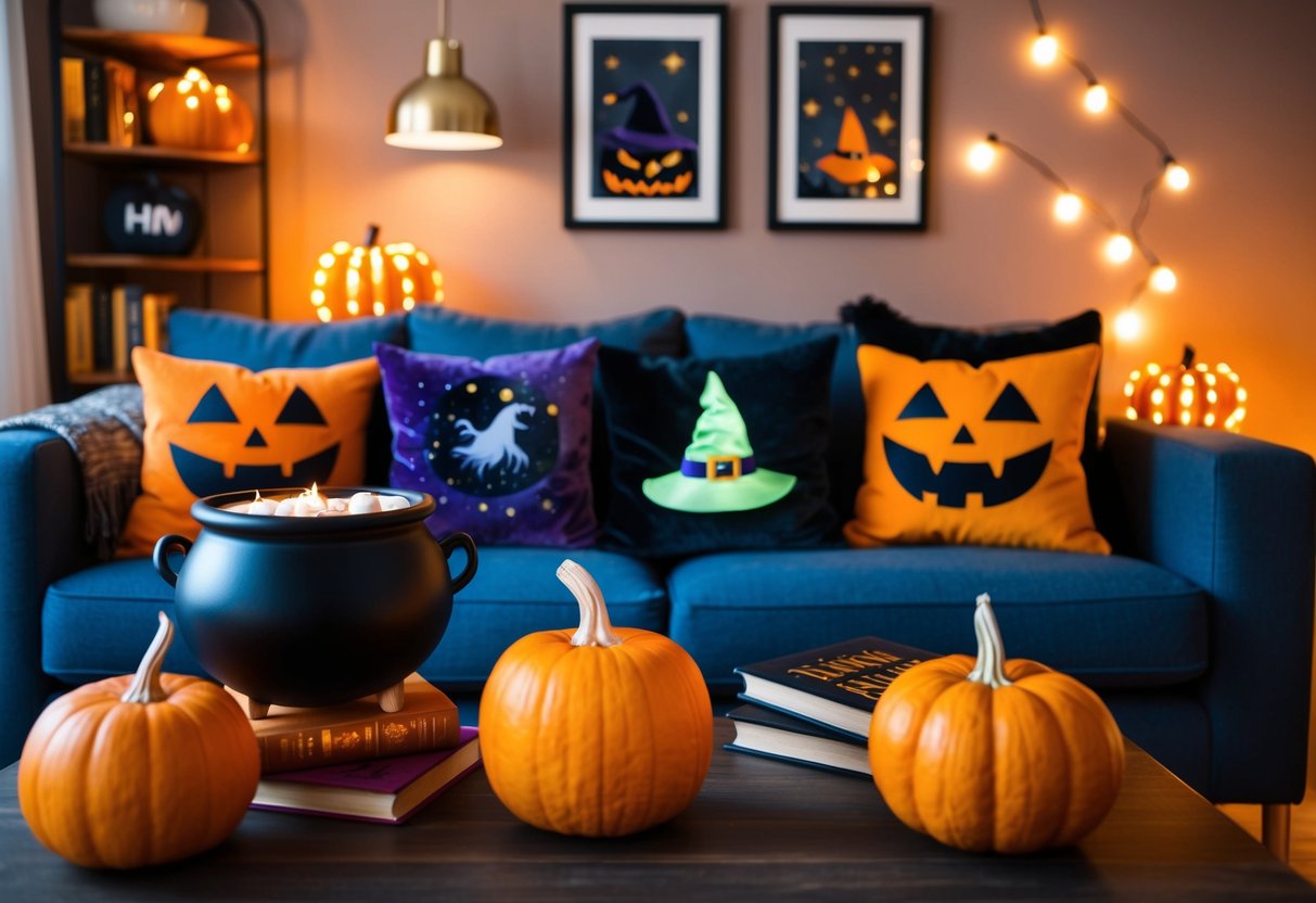 A cozy living room with witch-themed cushions, pumpkins, and warm lighting. A cauldron and spell books add to the Halloween aesthetic