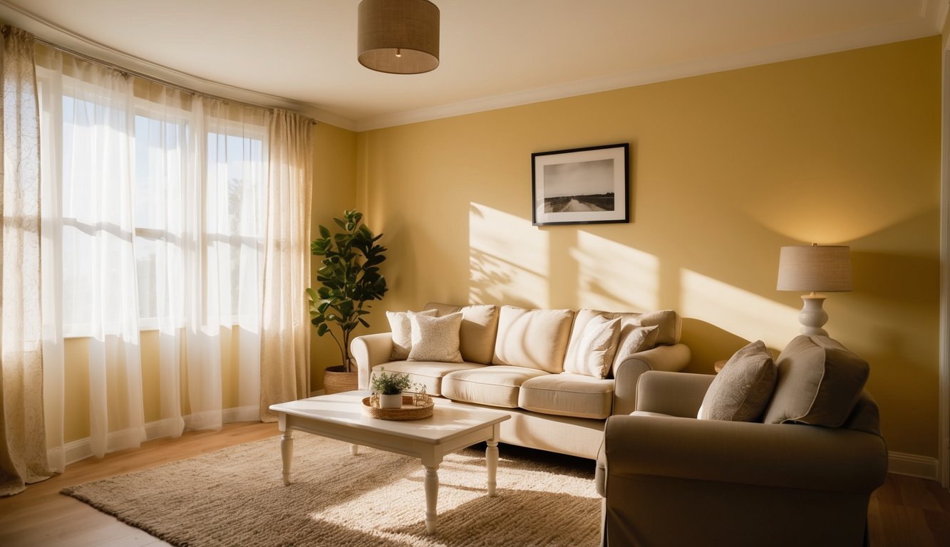 A cozy living room with Buttery 8 paint on the walls, casting a warm, inviting glow. Sunlight filters in through sheer curtains, illuminating the space