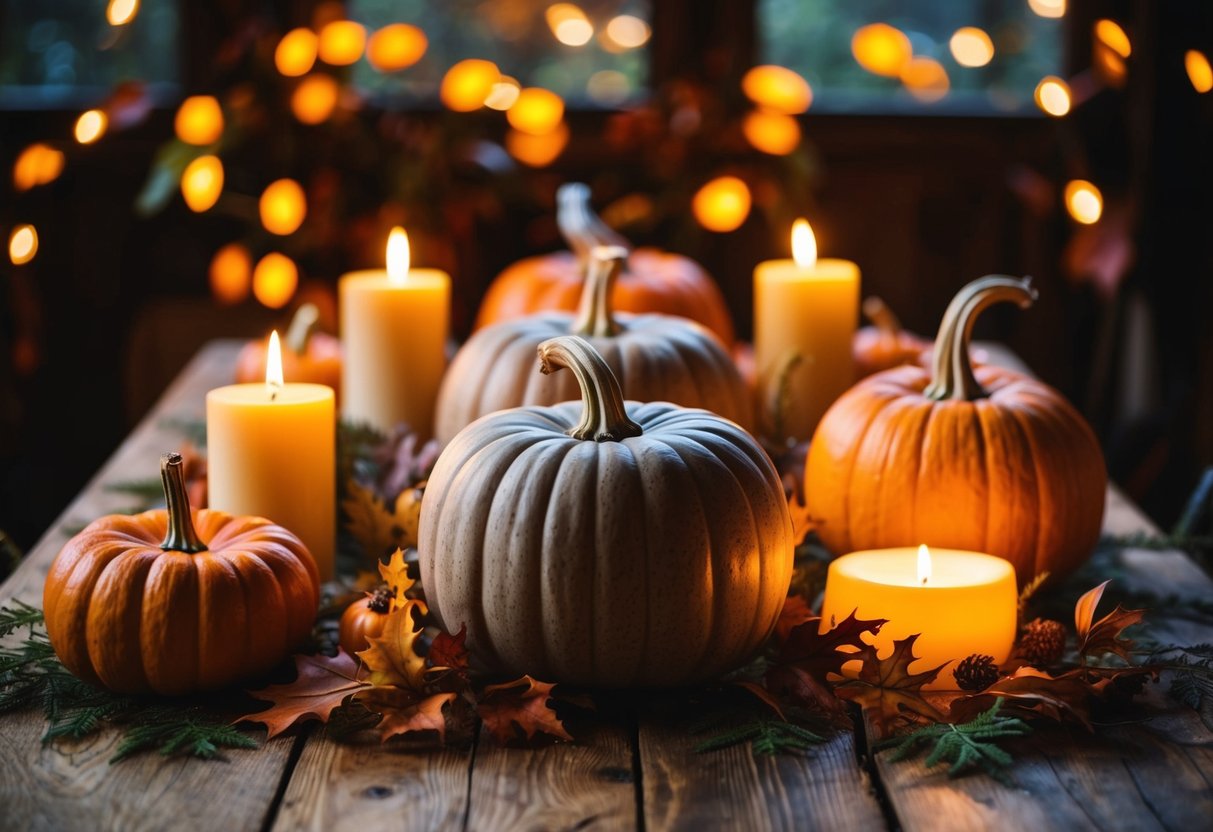 A wooden table adorned with rustic pumpkin centerpieces surrounded by warm candlelight and autumn foliage, creating a cozy Halloween aesthetic