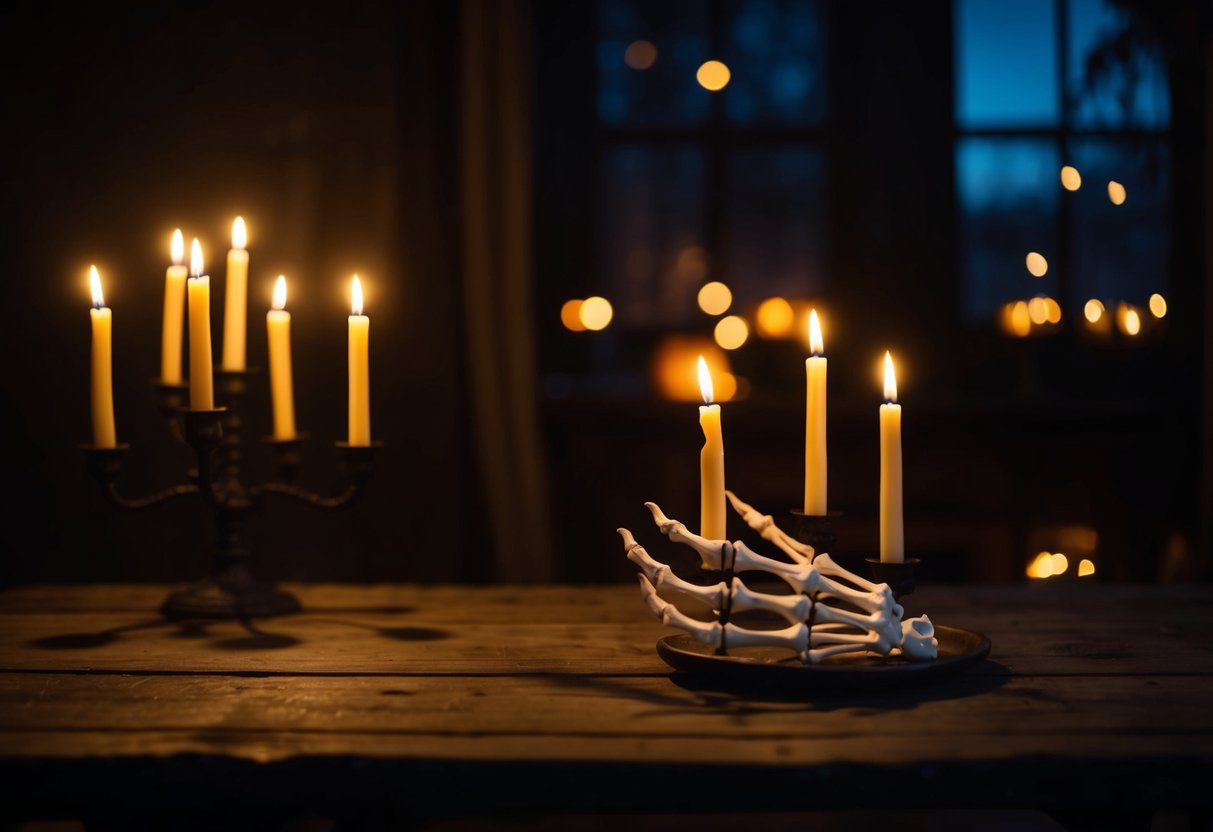 A dimly lit room with flickering candlelight casting eerie shadows. Skeleton hand candle holders sit on a rustic wooden table, adding a spooky yet cozy Halloween vibe to the space