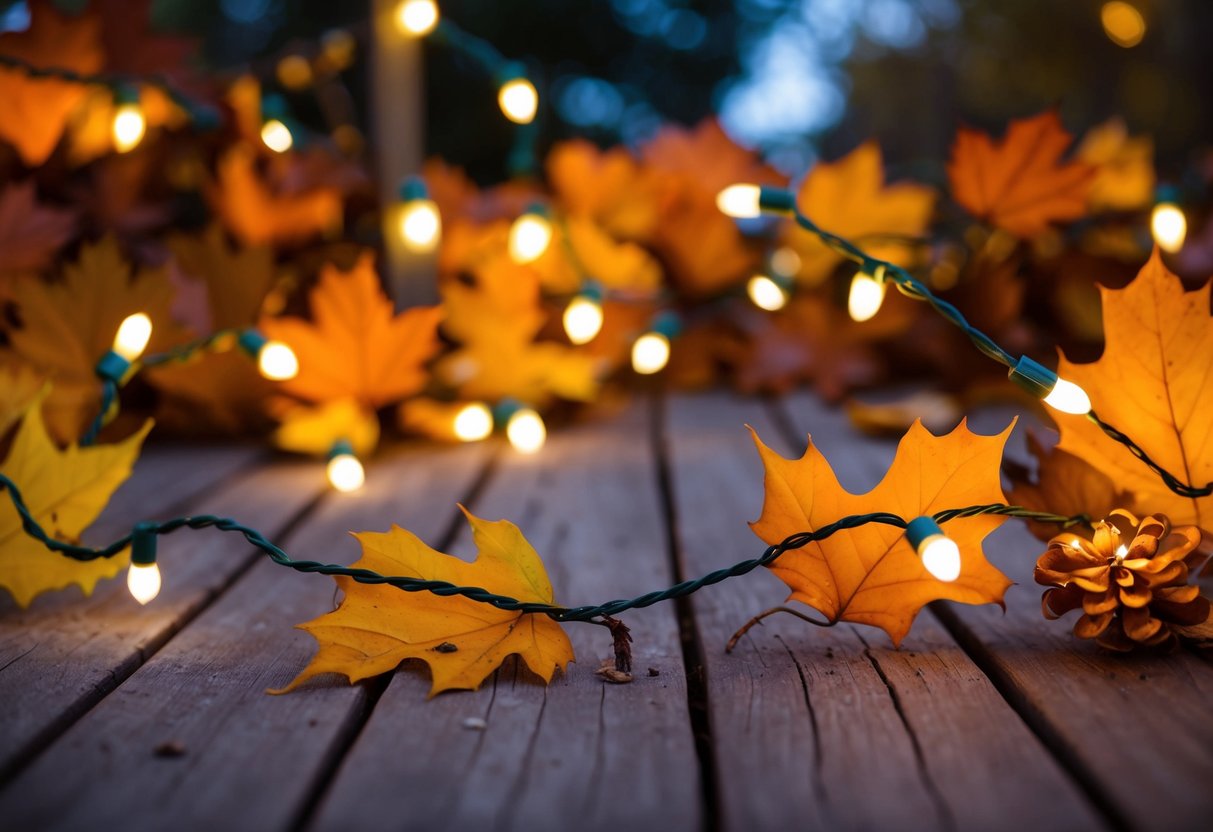 A cozy scene with string lights intertwined with autumn leaves, creating a warm and inviting Halloween aesthetic