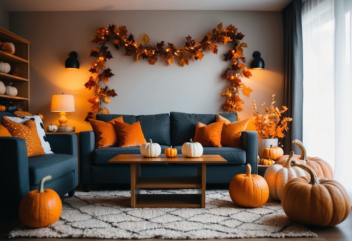 A cozy living room adorned with autumn leaf garlands, pumpkins, and warm lighting, creating a Halloween aesthetic