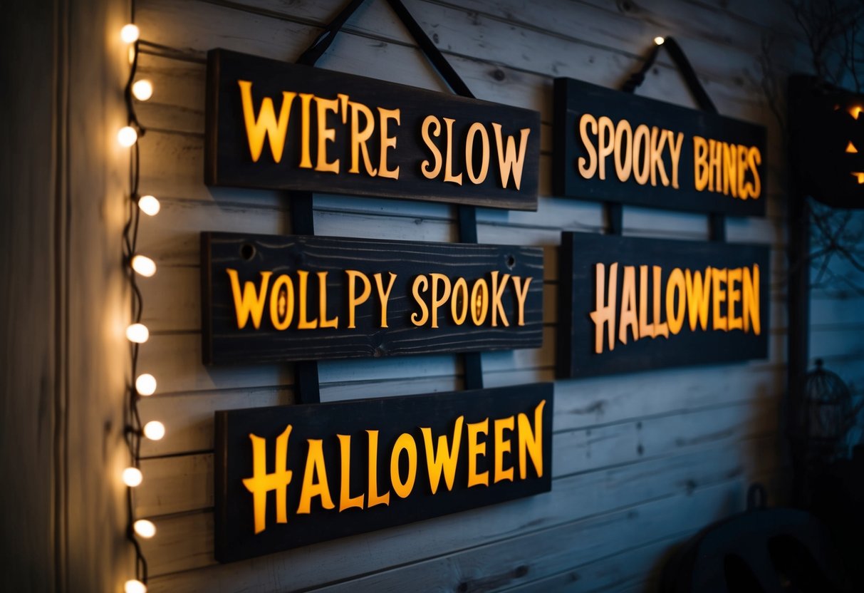 Wooden signs with spooky quotes hang on a rustic wall. Dim lighting creates a cozy Halloween ambiance. Twinkling fairy lights add a touch of magic to the space