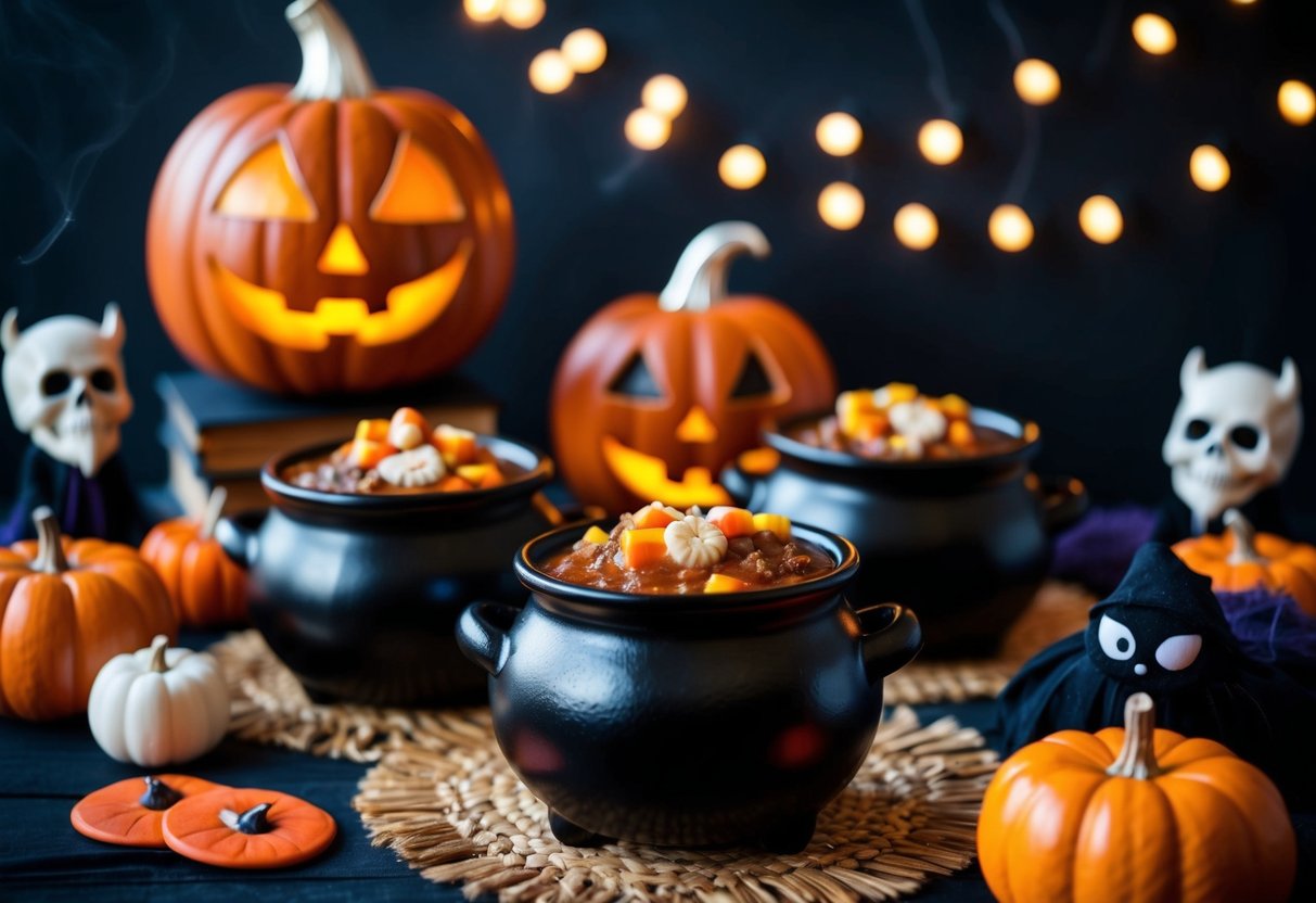 A cozy Halloween scene with cauldron serving bowls and spooky decor