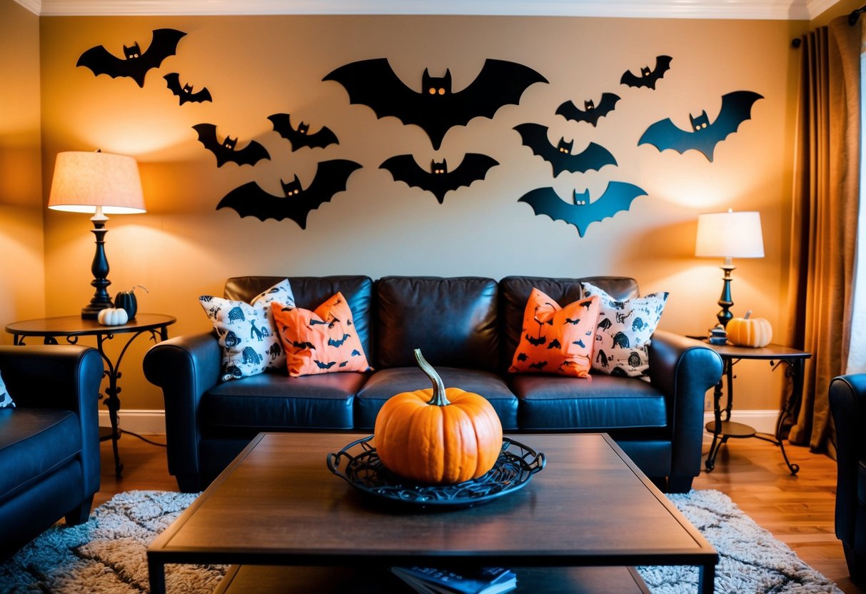 A cozy living room with vintage black cat decor, warm lighting, and Halloween-themed accents