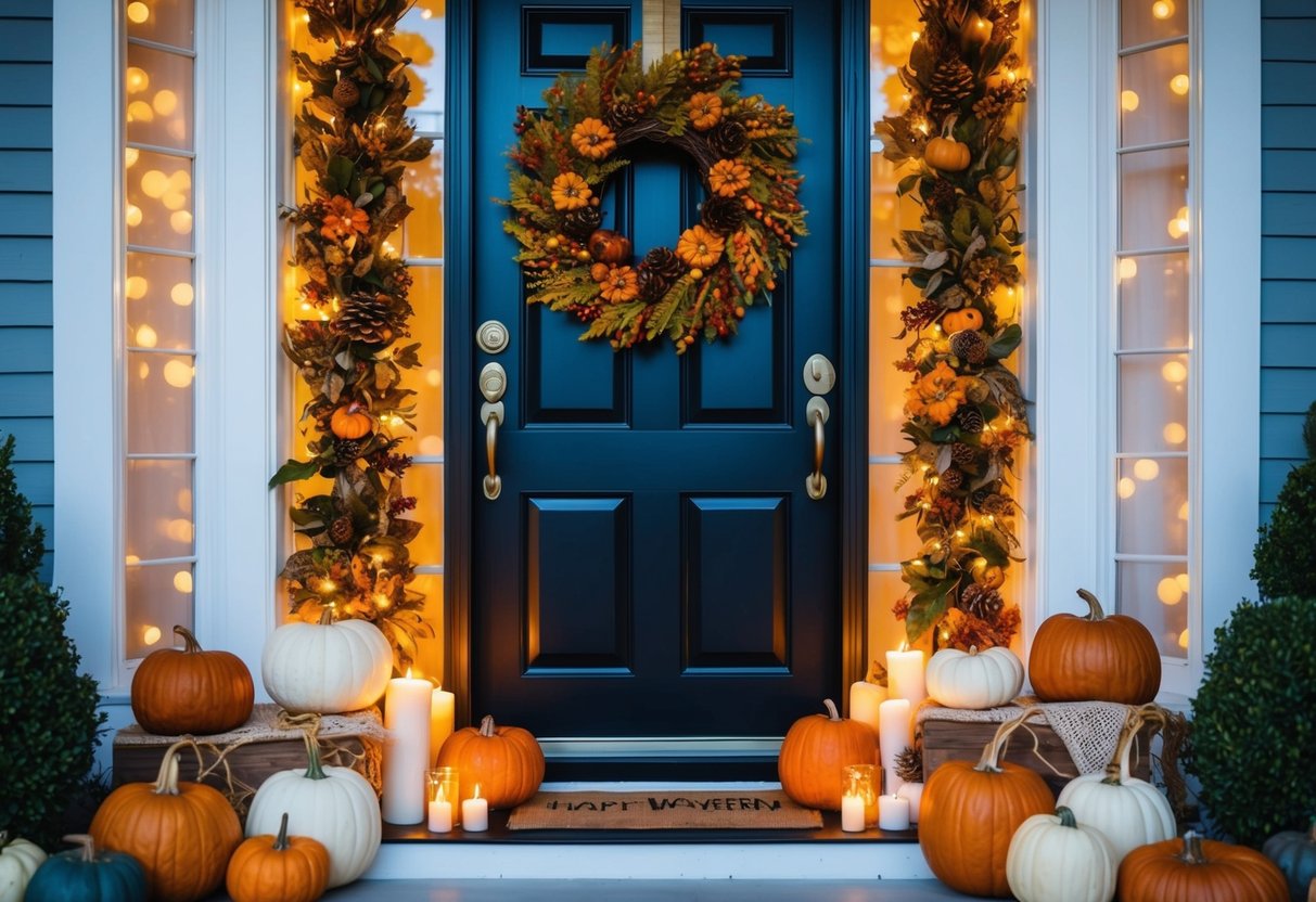 A front door adorned with a lush harvest wreath, surrounded by cozy Halloween decor such as pumpkins, candles, and fairy lights