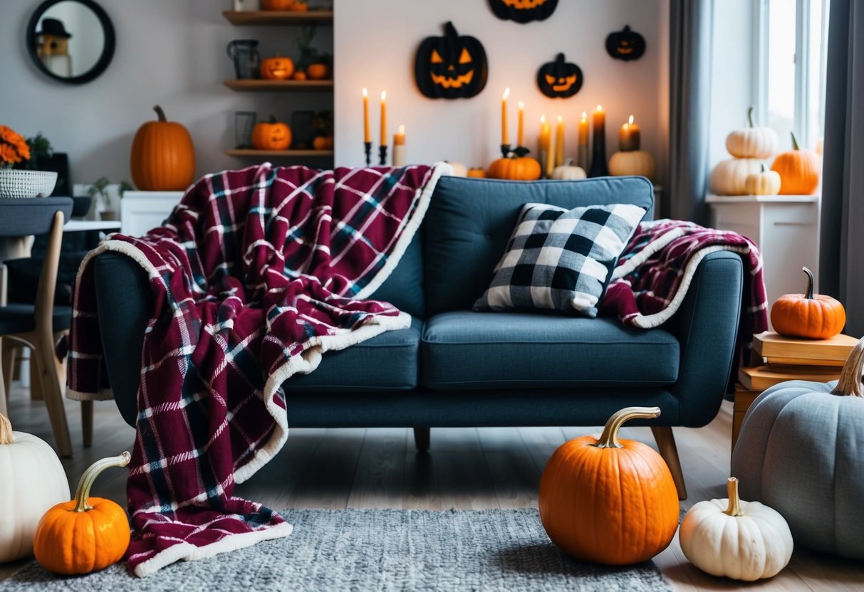 A cozy living room with plaid flannel throw blankets draped over a sofa and chairs. Pumpkins, candles, and other Halloween decor scattered throughout the space