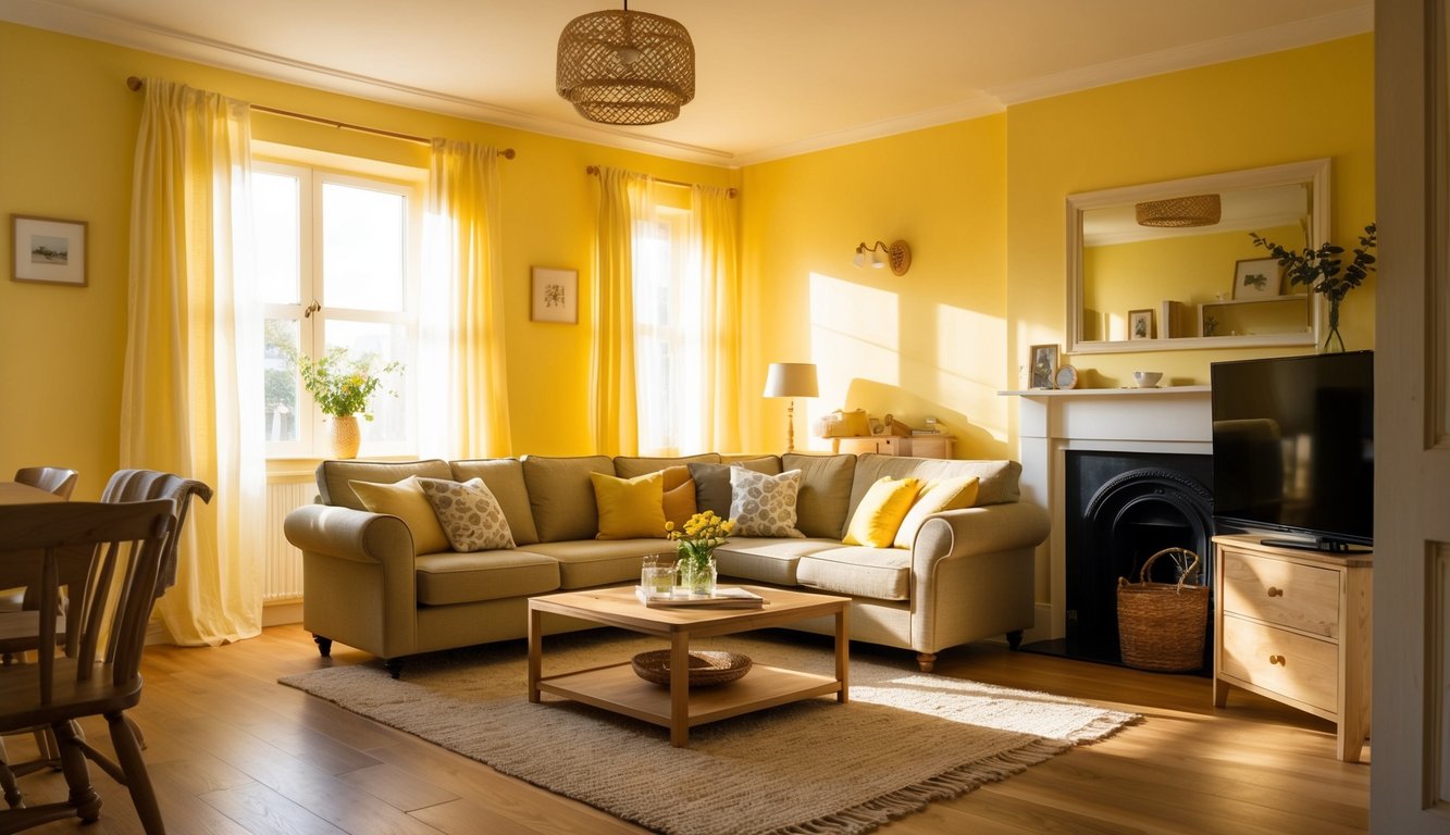 A cozy living room bathed in warm sunlight, with buttery yellow walls creating a cheerful and inviting atmosphere