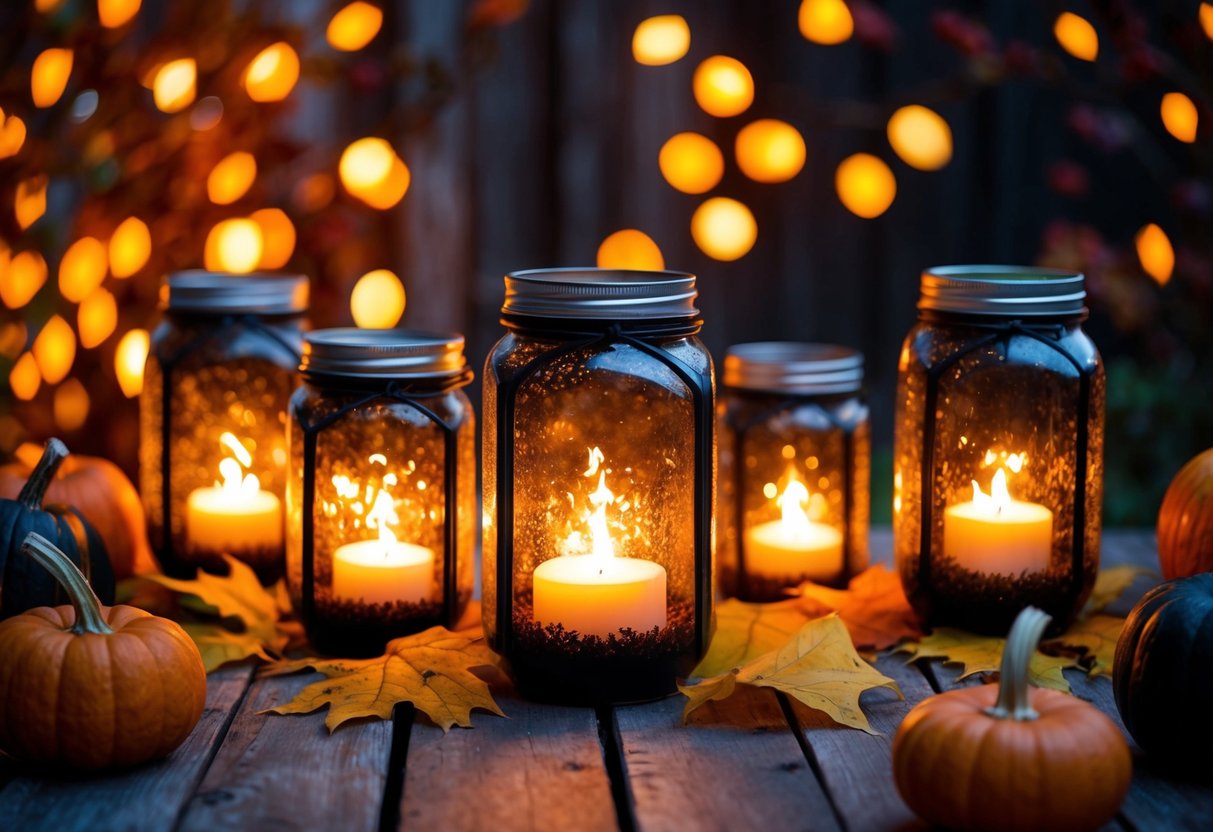 Several mason jar lanterns glowing with eerie light, surrounded by autumn leaves and pumpkins, creating a cozy Halloween atmosphere