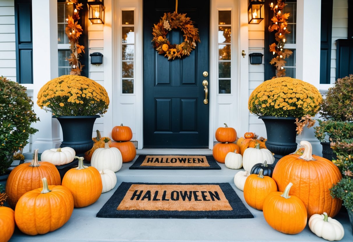 A cozy front porch with halloween-themed doormats, surrounded by pumpkins, string lights, and autumn foliage